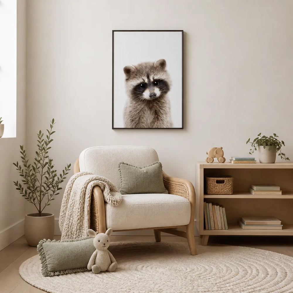 Room mockup featuring Curious Baby Raccoon Photo Print