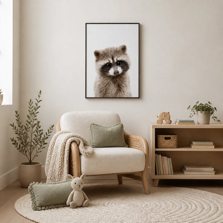 Room mockup featuring Curious Baby Raccoon Photo Print