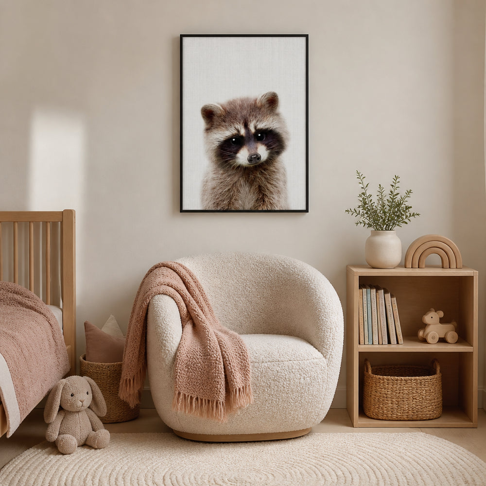 Room mockup featuring Curious Baby Raccoon Photo Print