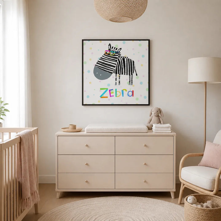 Room mockup featuring Cute Colorful Zebra Art Print