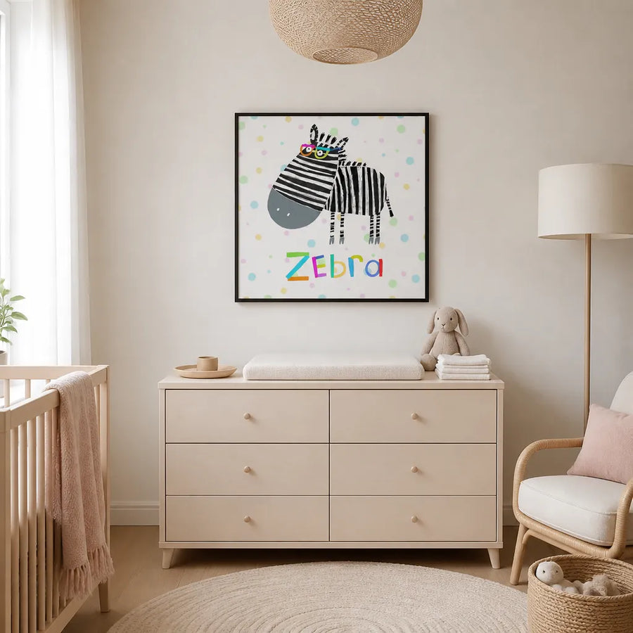 Cute Colorful Zebra Art Print in a room setting