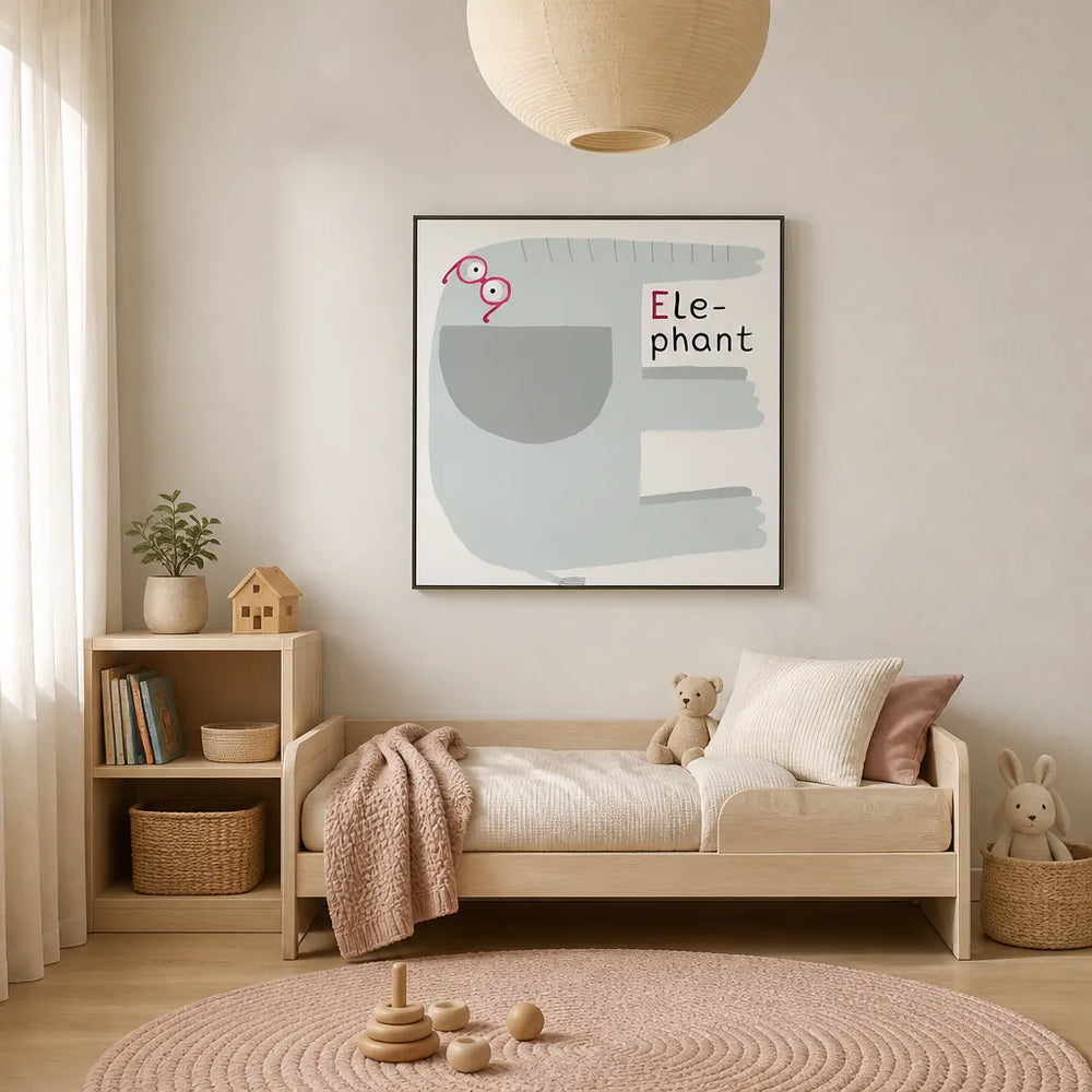 Room mockup featuring Cute Elephant Letter E Art Print