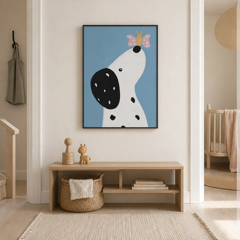 Room mockup featuring Dalmatian with a butterfly Art Print
