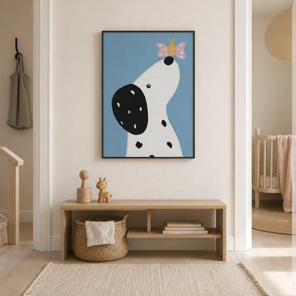 Room mockup featuring Dalmatian with a butterfly Art Print
