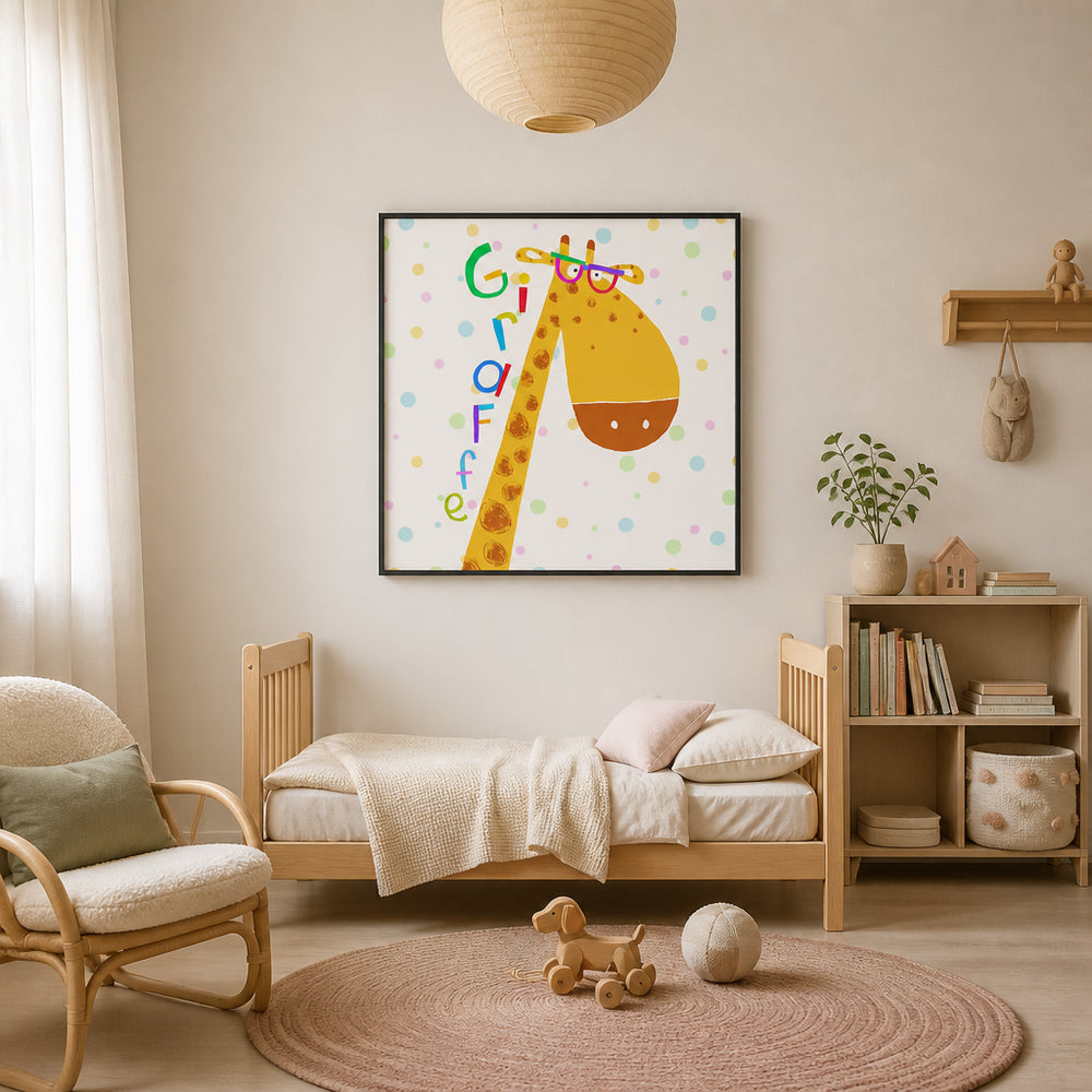 Room mockup featuring Giraffe With Glasses Art Print