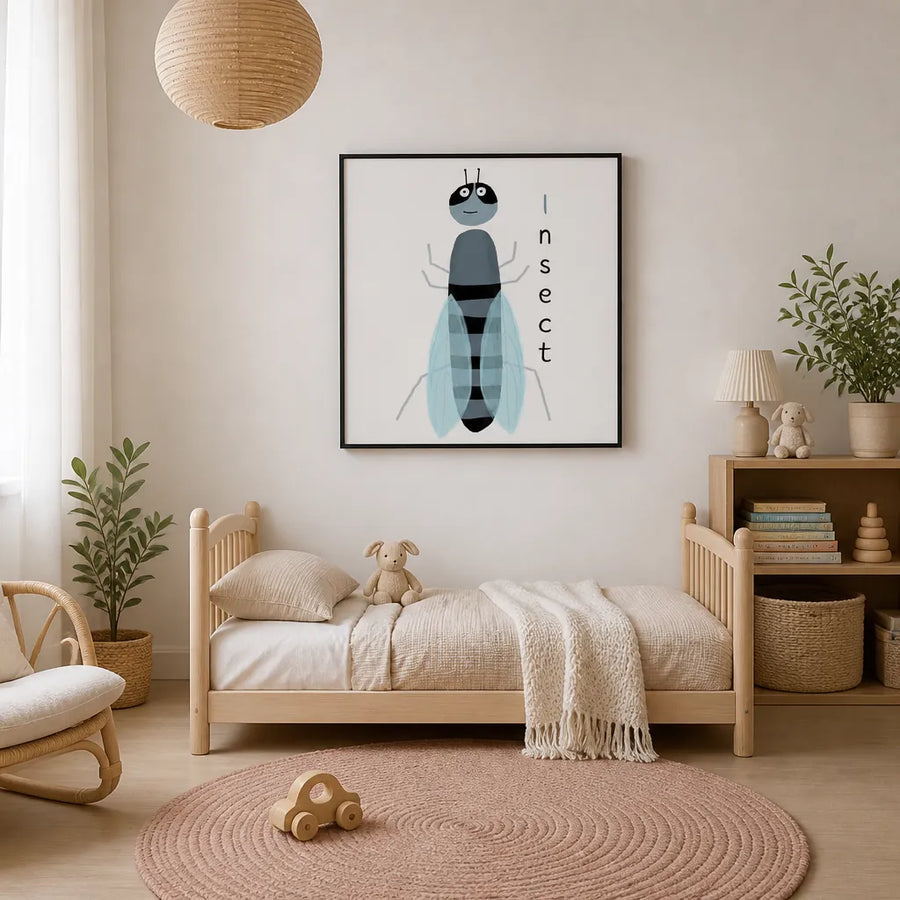 Happy Cartoon Insect Art Print in a room setting