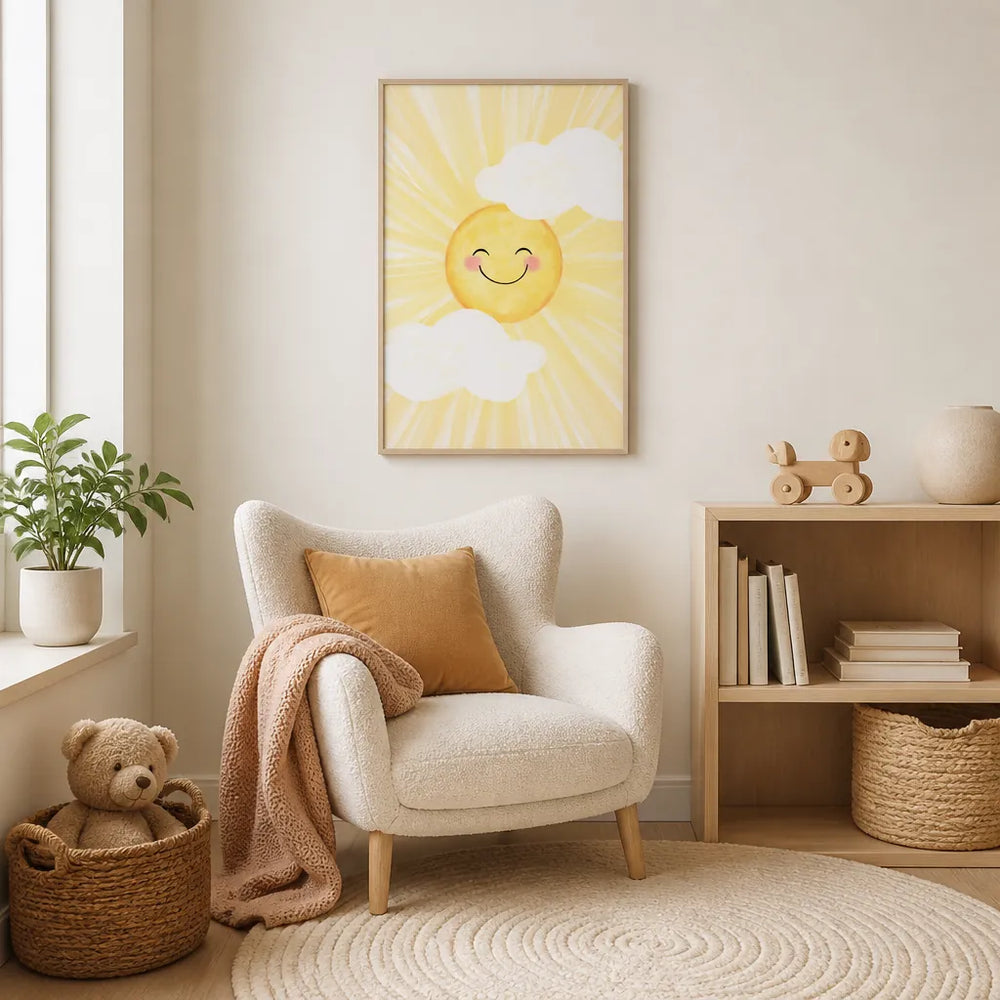 Room mockup featuring Happy Smiling Sun Art Print