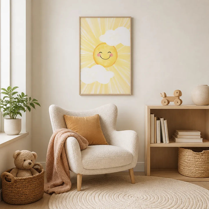 Room mockup featuring Happy Smiling Sun Art Print