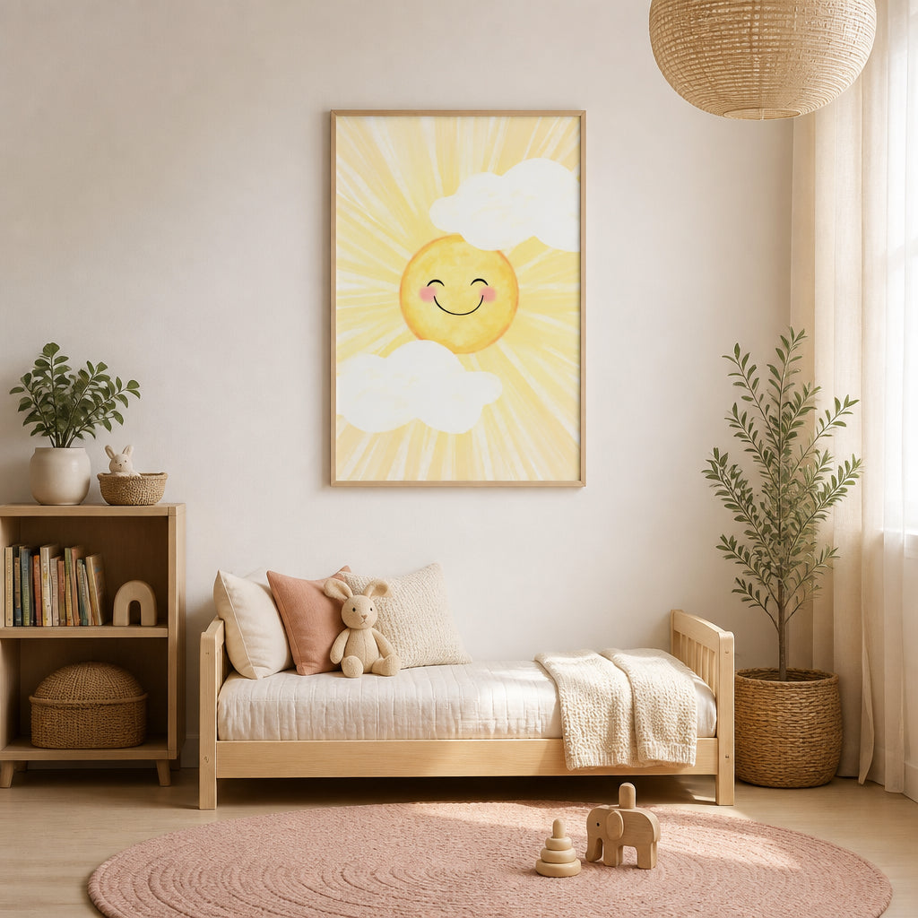 Room mockup featuring Happy Smiling Sun Art Print
