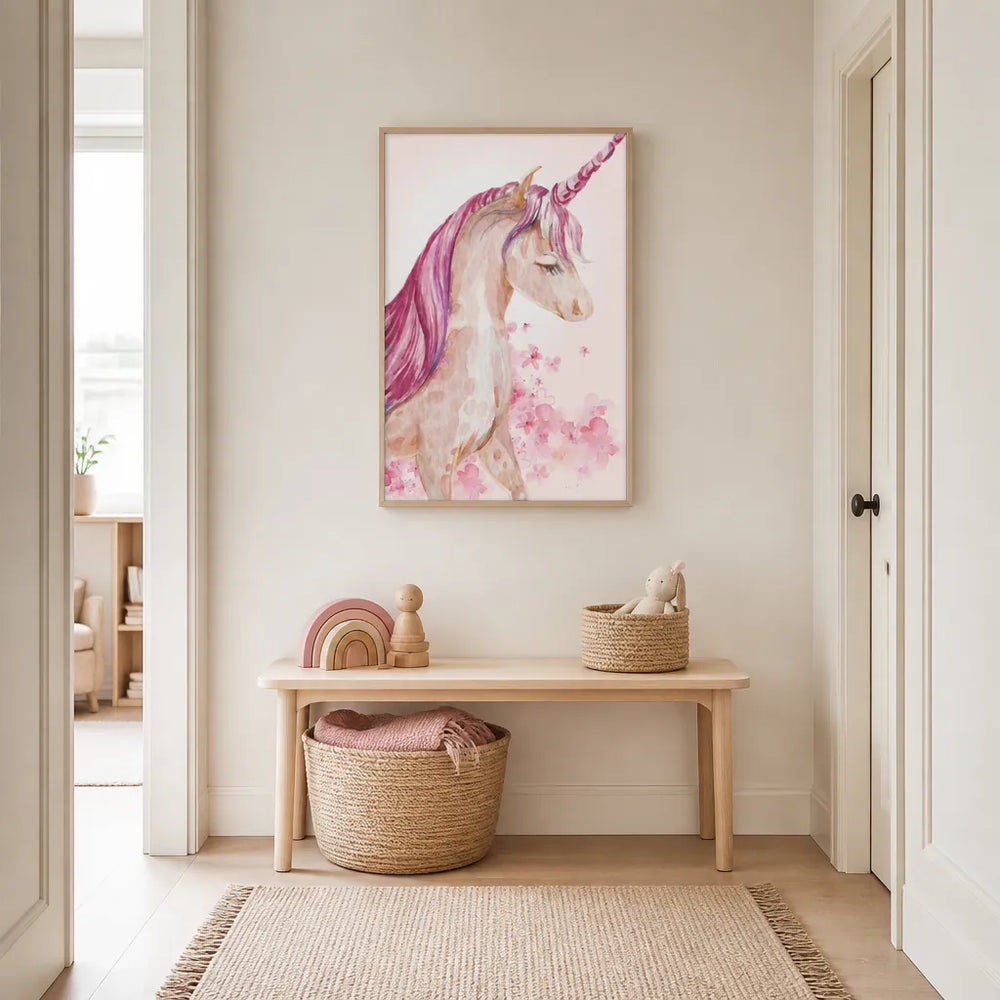 Room mockup featuring Pink Dreamy Unicorn Art Print