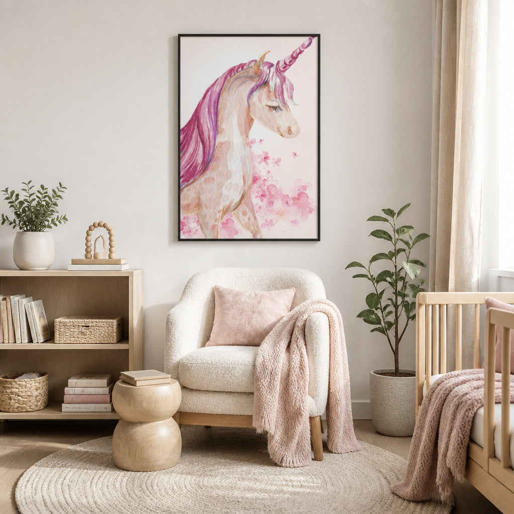 Room mockup featuring Pink Dreamy Unicorn Art Print