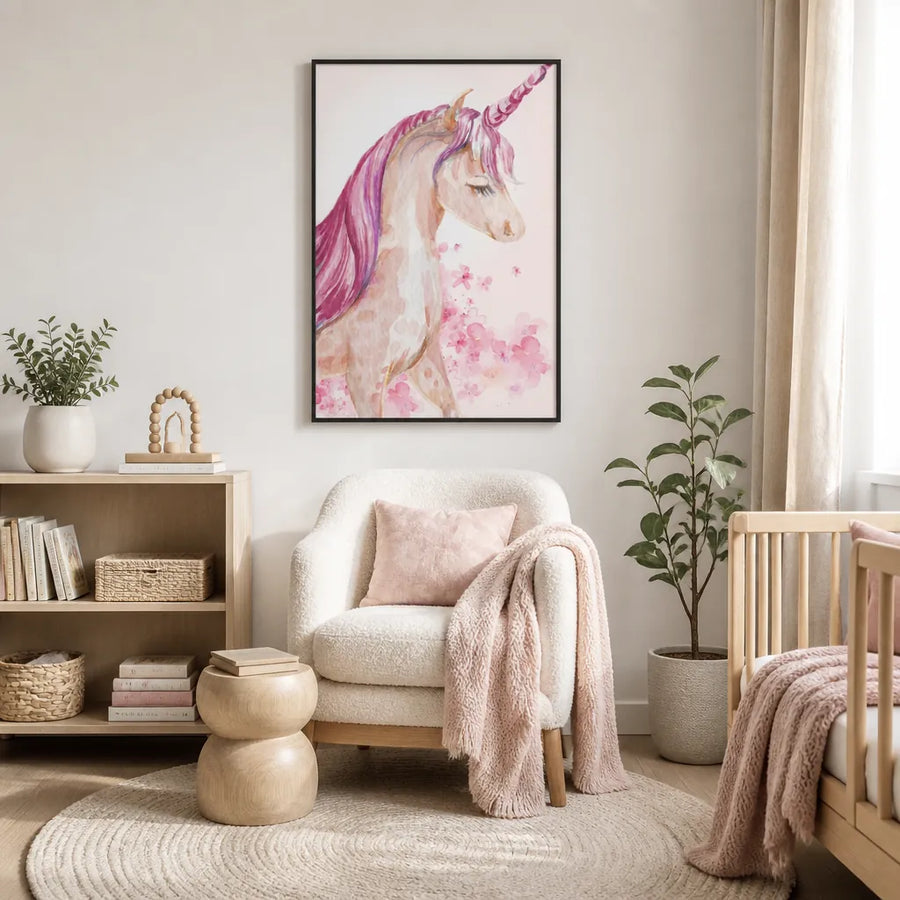 Pink Dreamy Unicorn Art Print in a room setting