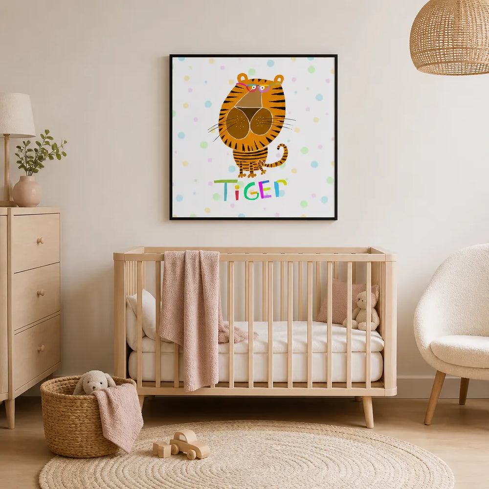 Room mockup featuring Playful Tiger With Glasses Art Print
