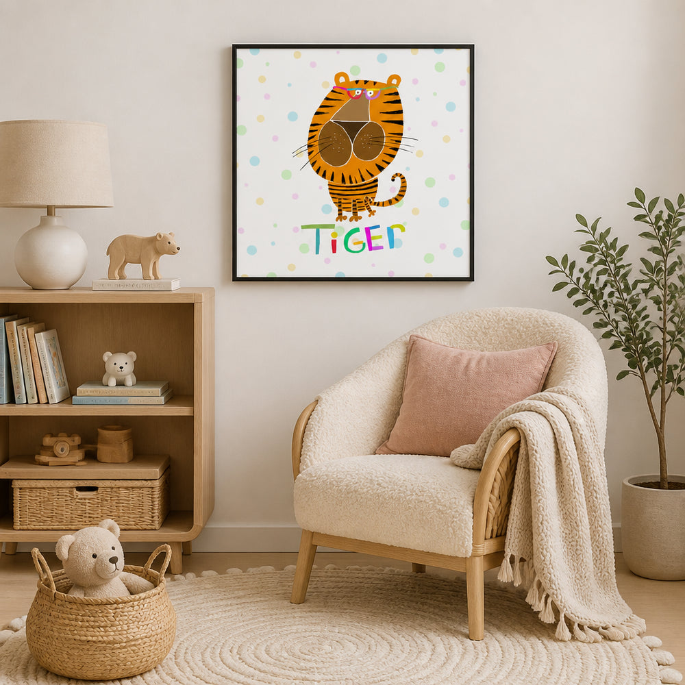 Room mockup featuring Playful Tiger With Glasses Art Print