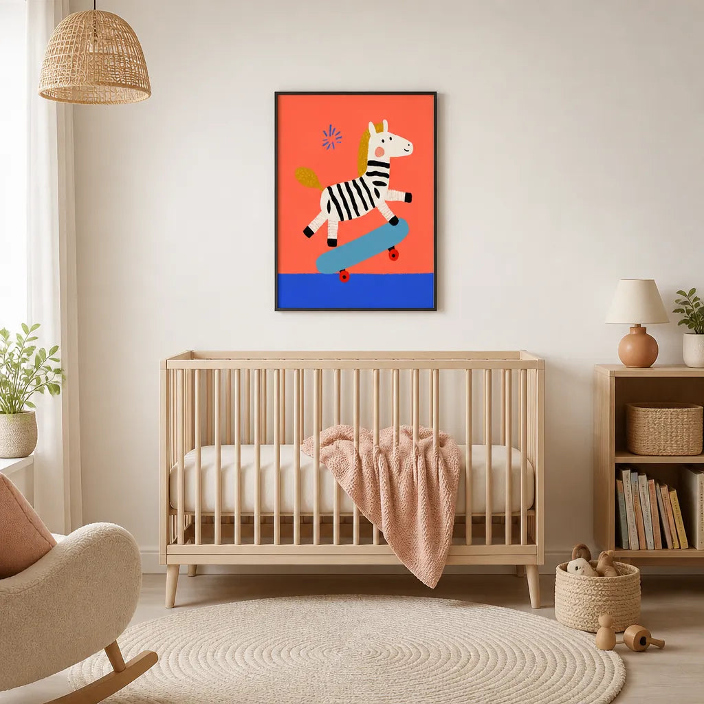 Room mockup featuring Skating zebra Art Print
