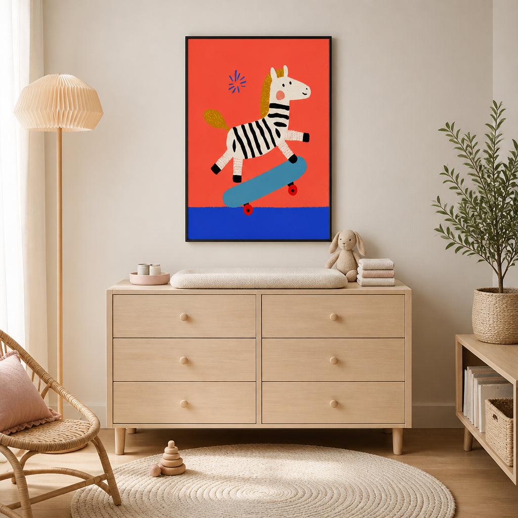 Room mockup featuring Skating zebra Art Print