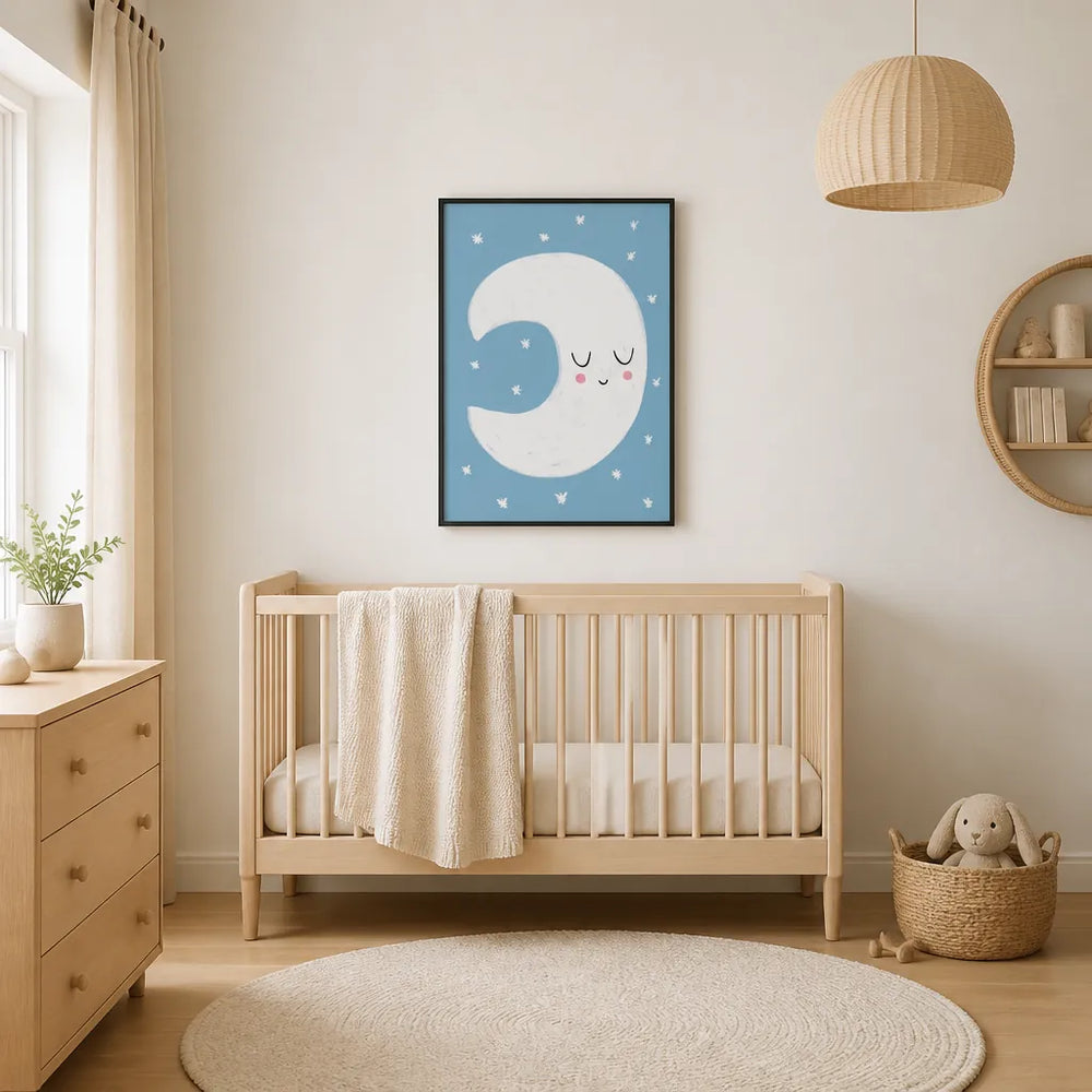 Room mockup featuring Sleepy Crescent Moon Art Print