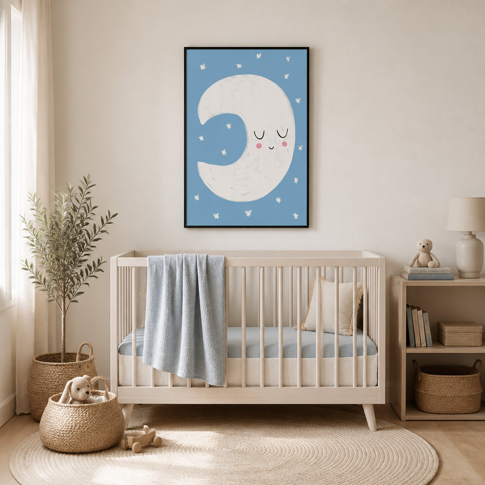 Room mockup featuring Sleepy Crescent Moon Art Print