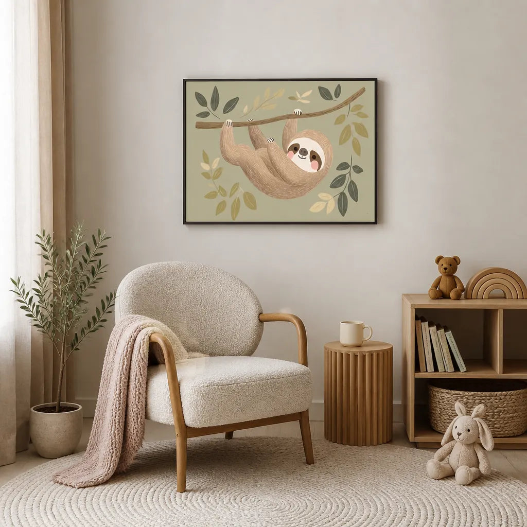 Room mockup featuring Sloth's Gentle Swing Art Print
