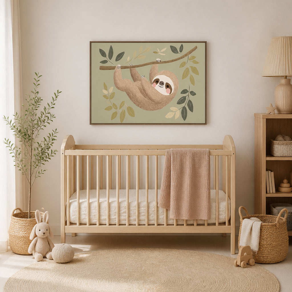 Room mockup featuring Sloth's Gentle Swing Art Print