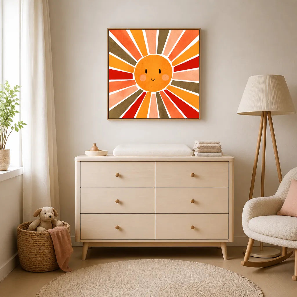 Room mockup featuring Smiling Retro Sun Art Print