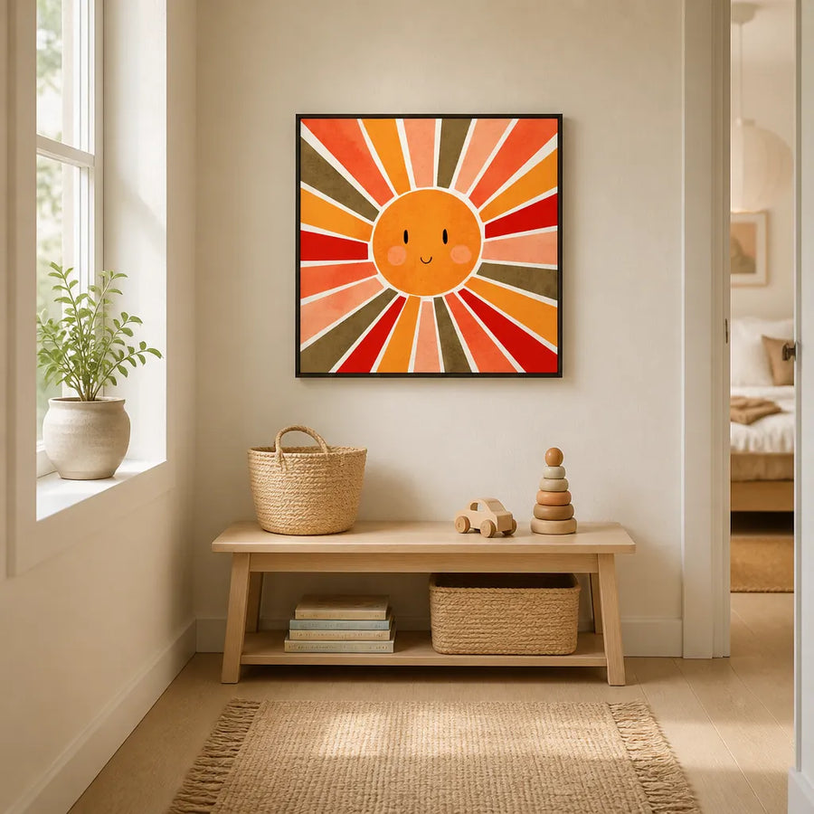 Smiling Retro Sun Art Print in a room setting
