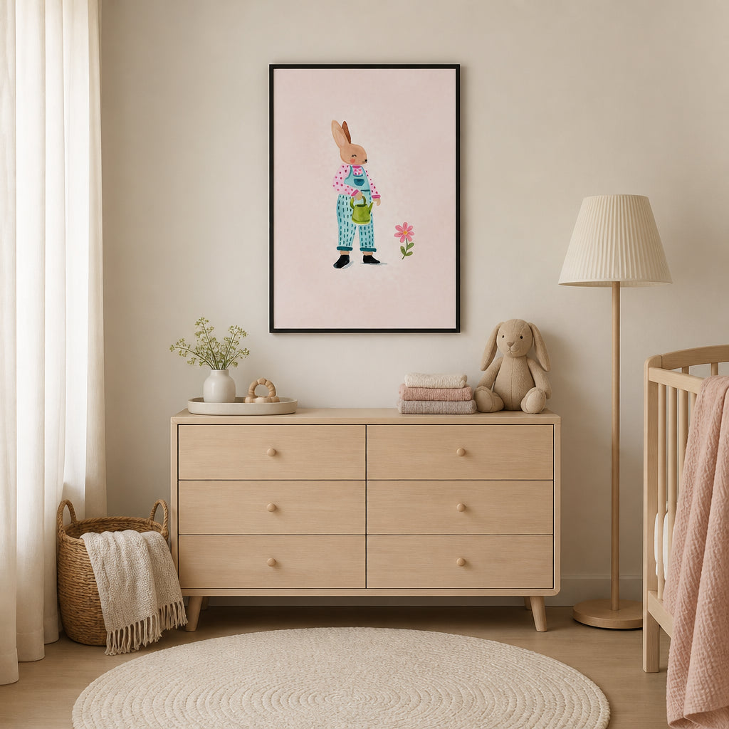 Room mockup featuring Sweet Bunny Gardener Art Print