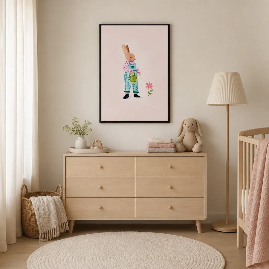 Sweet Bunny Gardener Art Print in a room setting