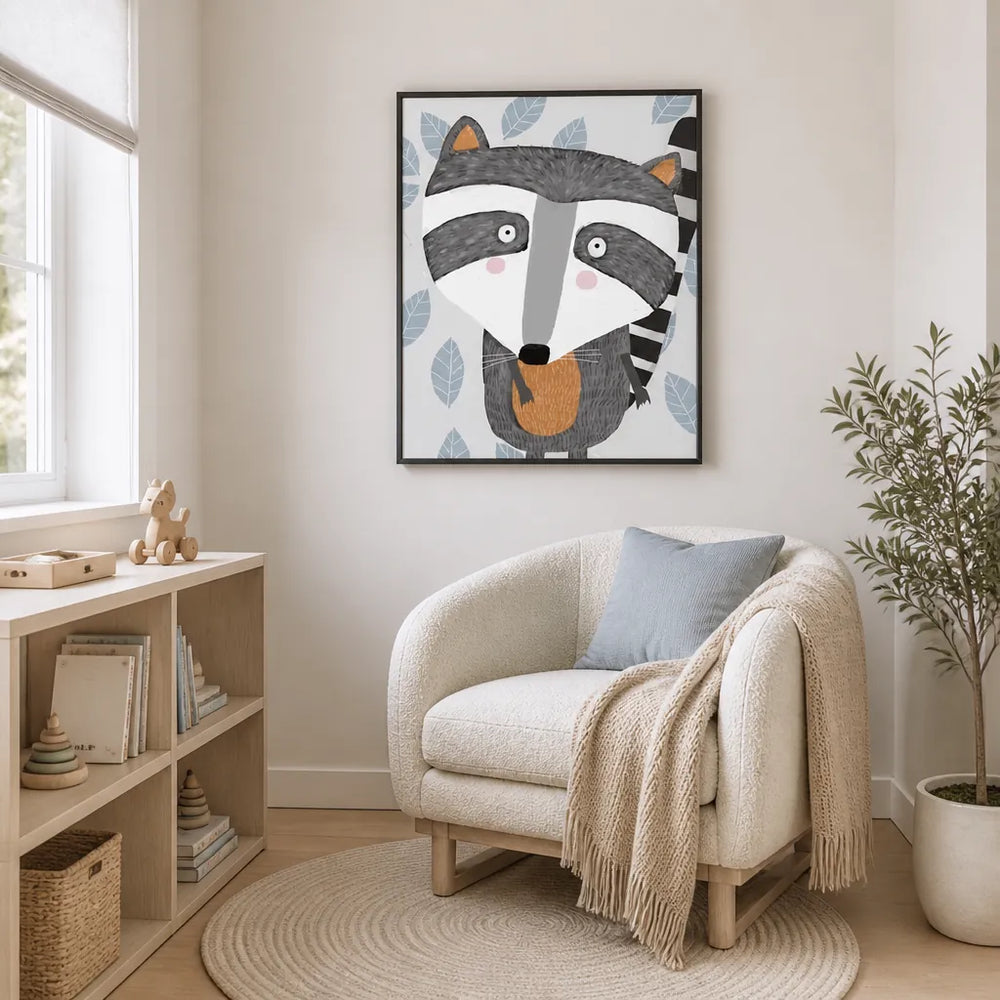 Room mockup featuring Sweet Woodland Raccoon Art Print
