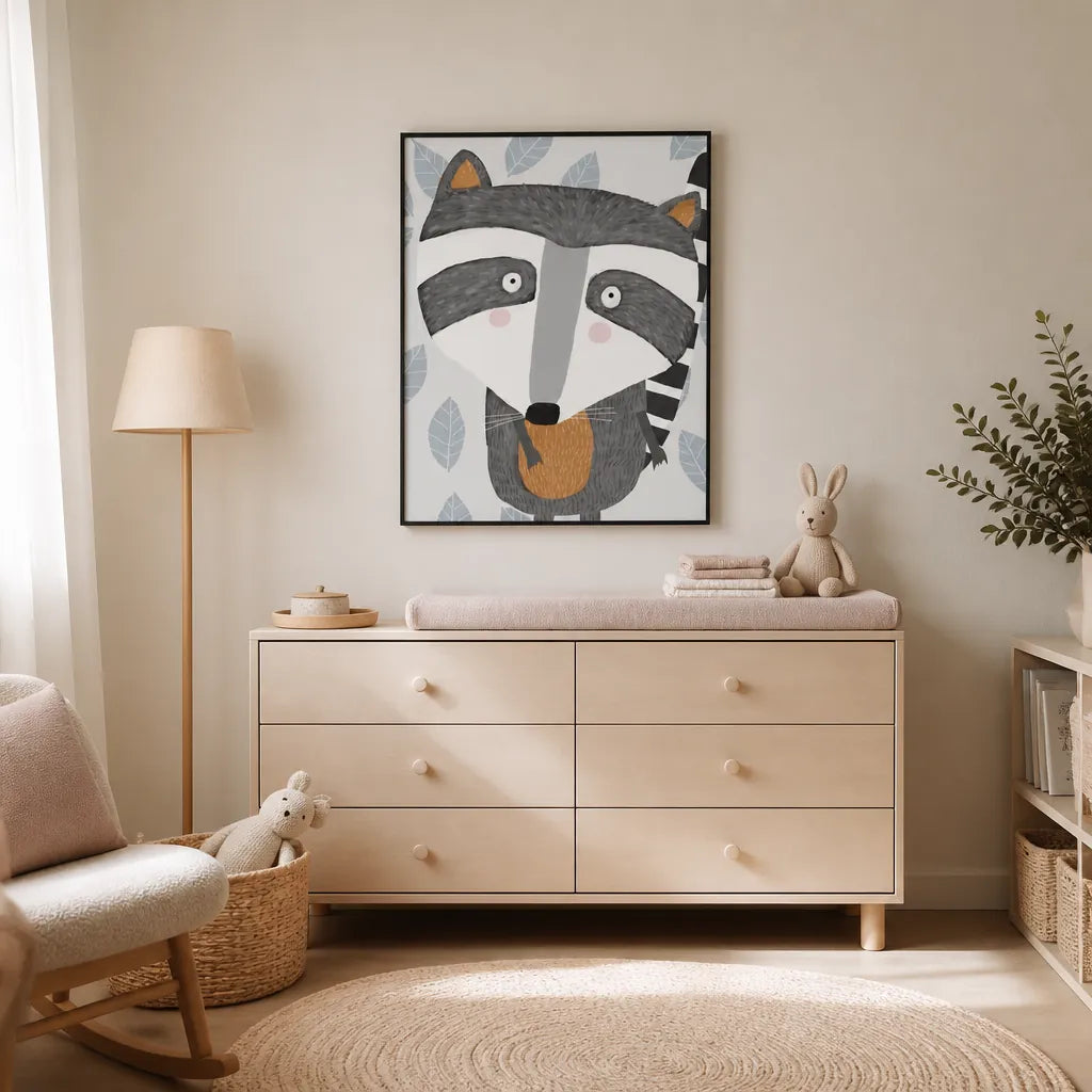 Room mockup featuring Sweet Woodland Raccoon Art Print