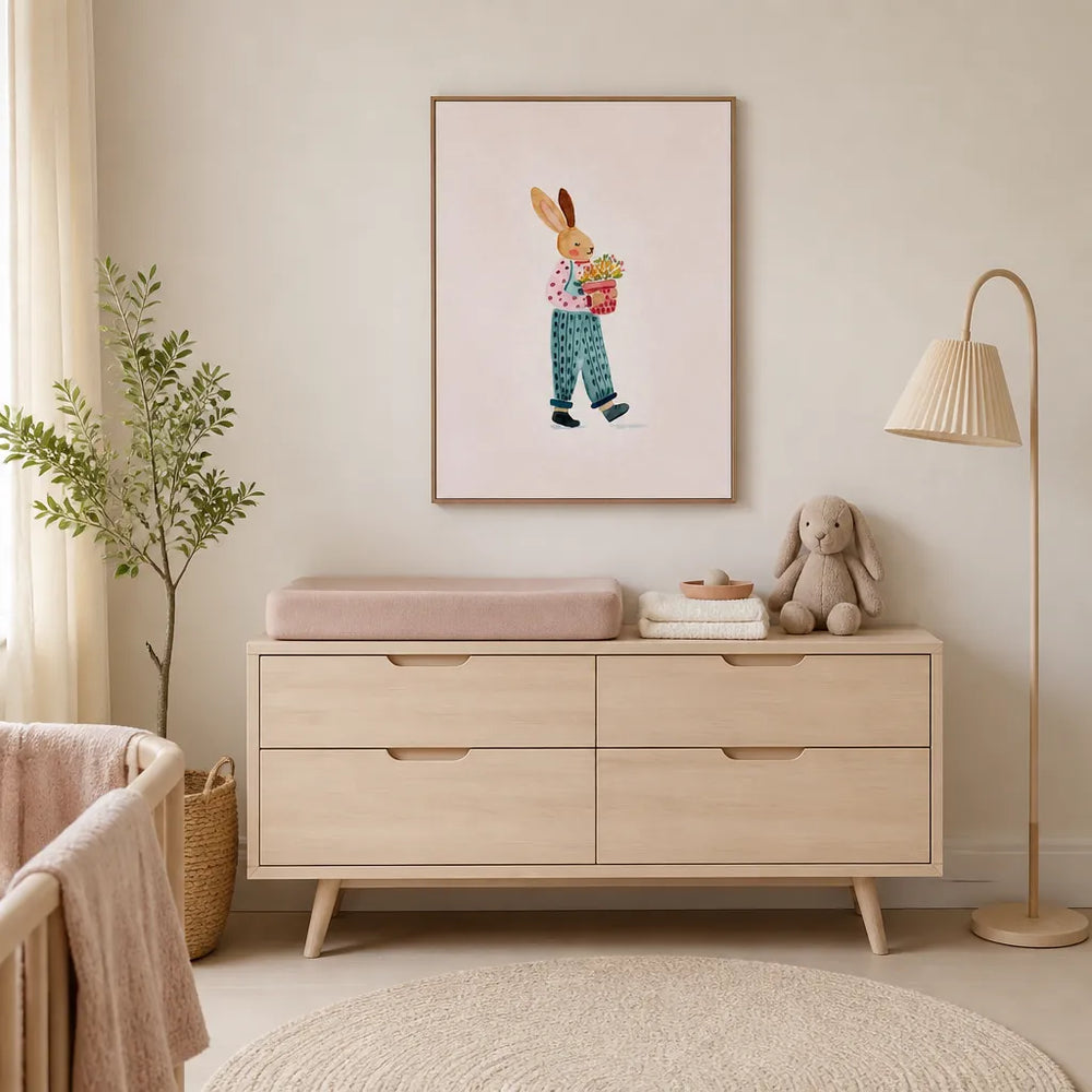 Room mockup featuring Whimsical Bunny with Flowers Art Print