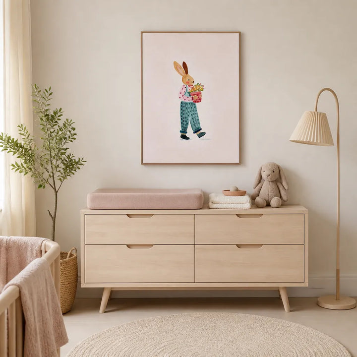 Room mockup featuring Whimsical Bunny with Flowers Art Print