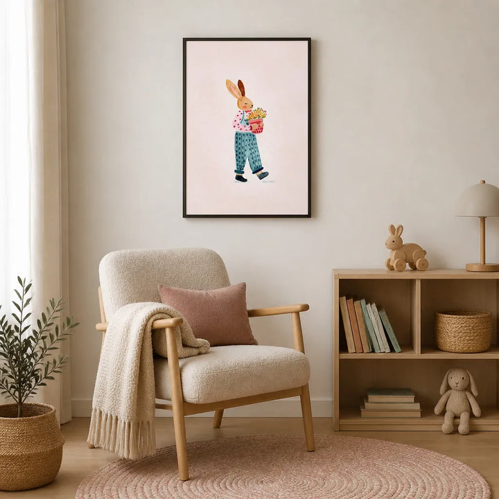 Room mockup featuring Whimsical Bunny with Flowers Art Print