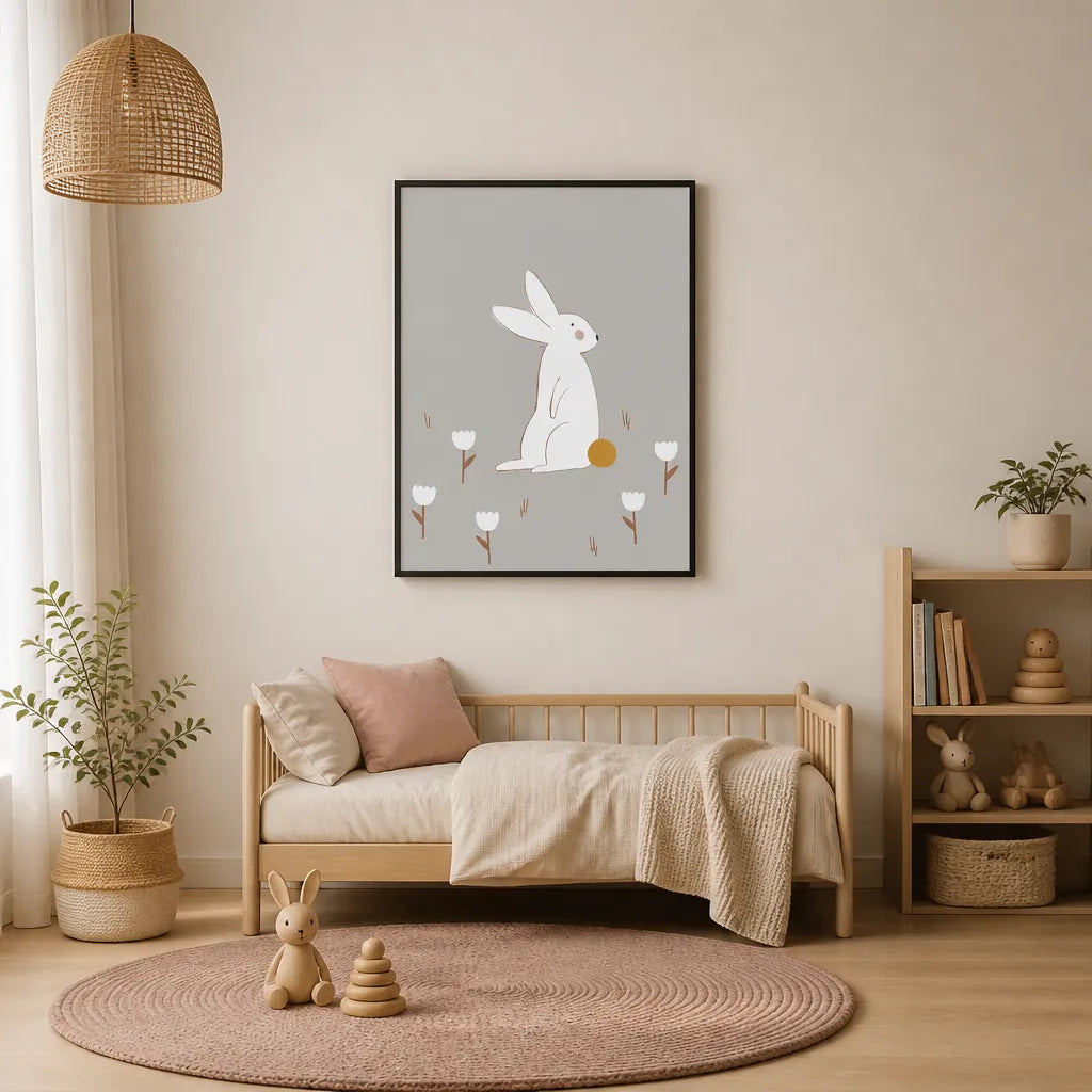 Room mockup featuring White Bunny Among Flowers Art Print