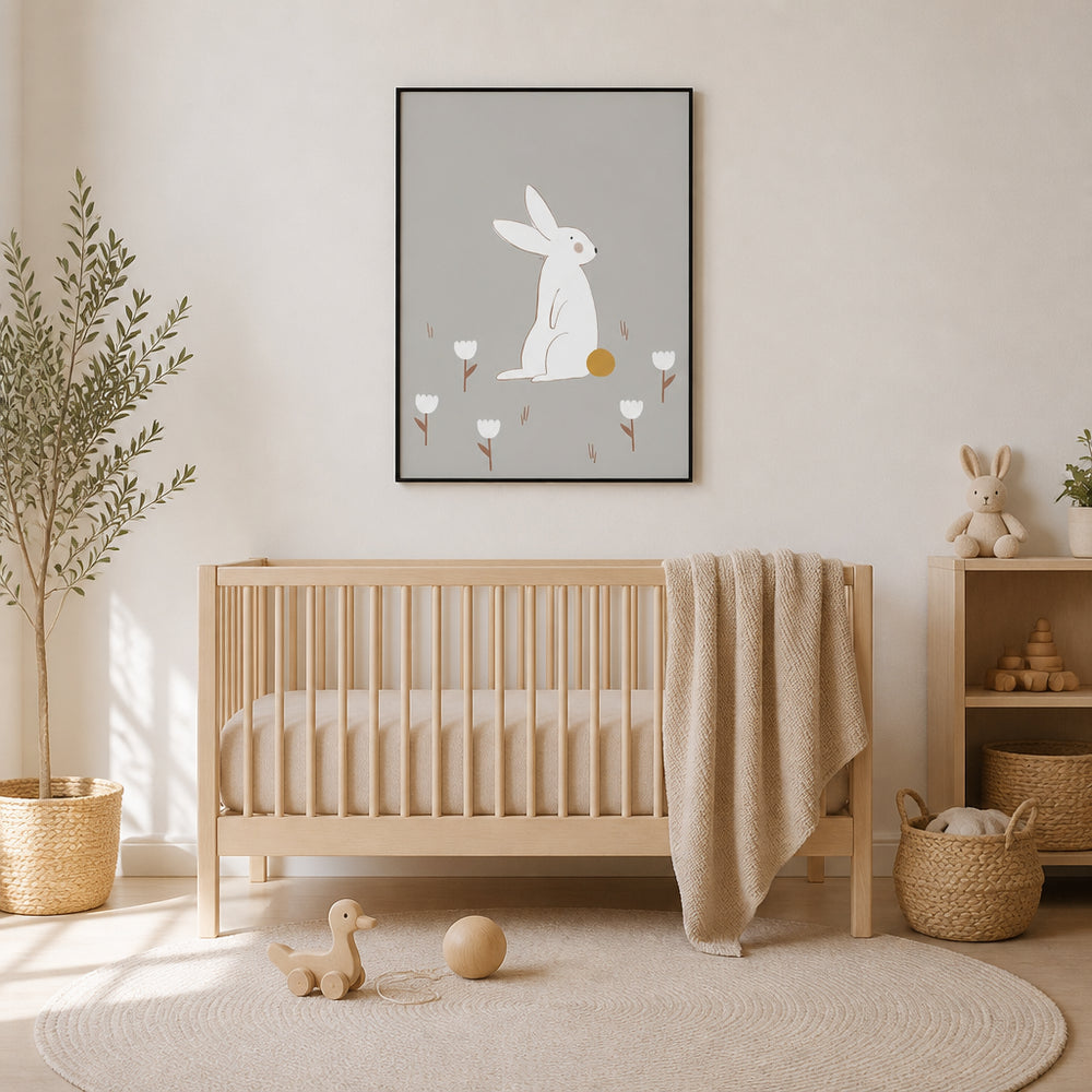 Room mockup featuring White Bunny Among Flowers Art Print