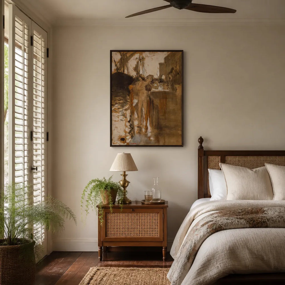 Room mockup featuring The Balcony, Spain and Two Nude Bathers Standing on a Wharf Art Print