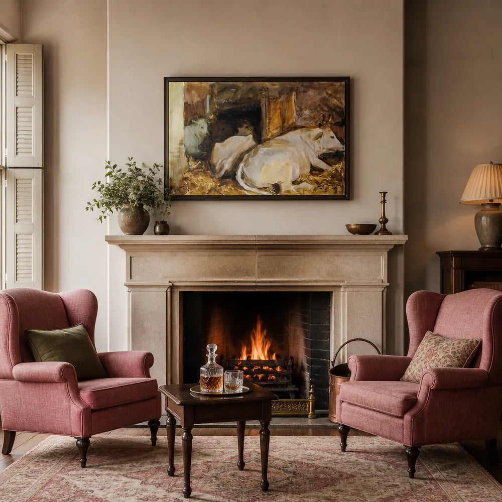 Room mockup featuring Three Oxen by Sargent Art Print