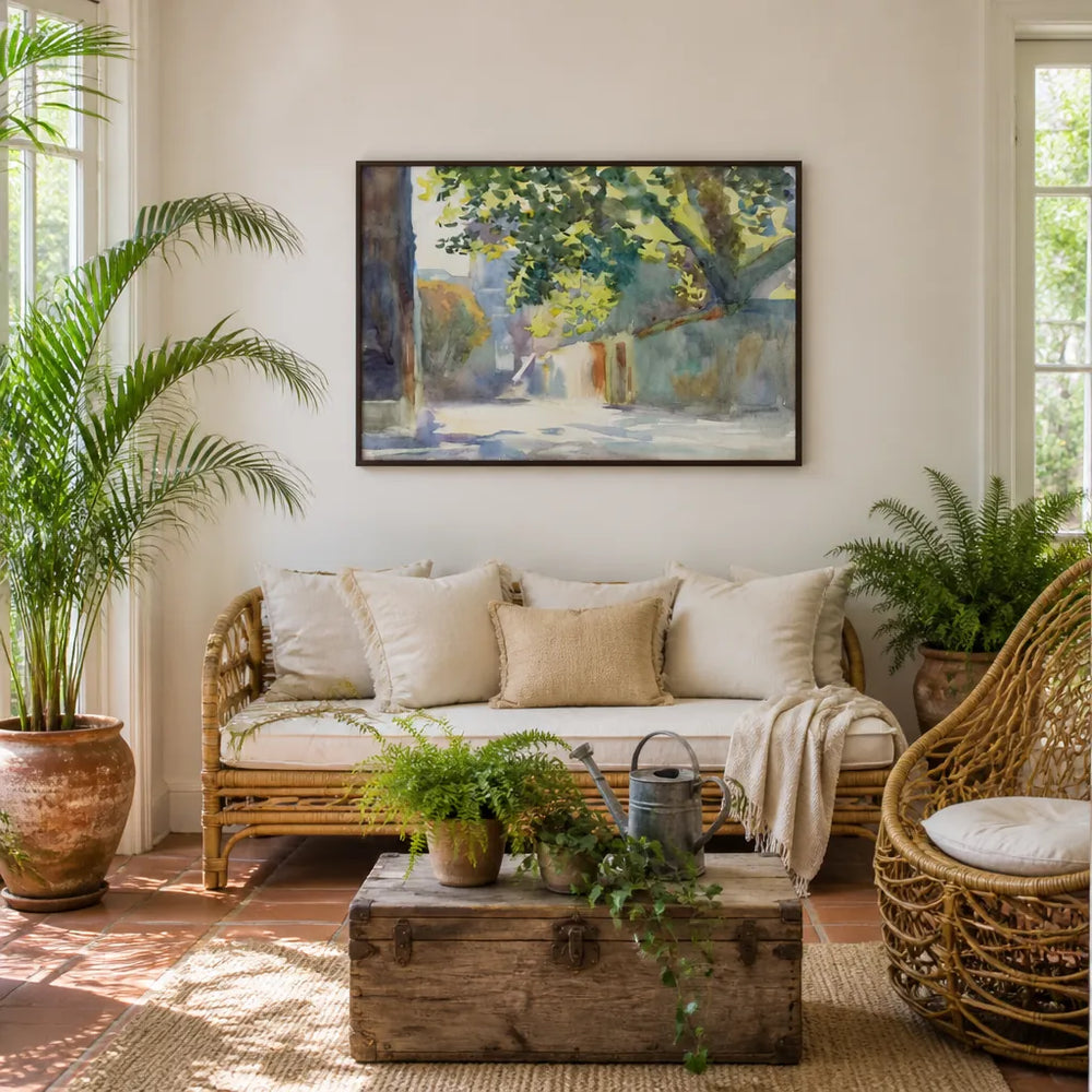Room mockup featuring Sunlit Wall Under a Tree by Sargent Art Print