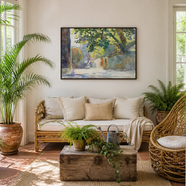 Room mockup featuring Sunlit Wall Under a Tree by Sargent Art Print