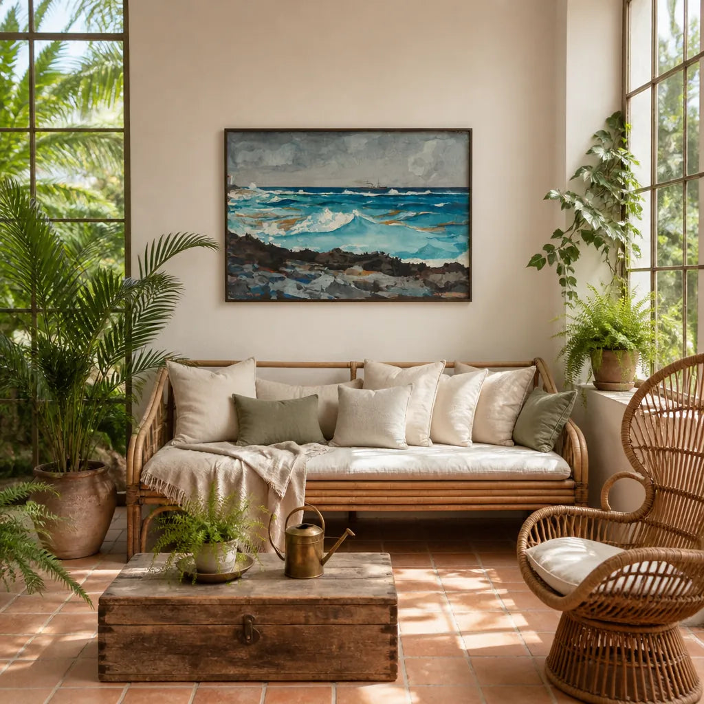 Room mockup featuring Shore and Surf, Nassau by Winslow Homer Art Print