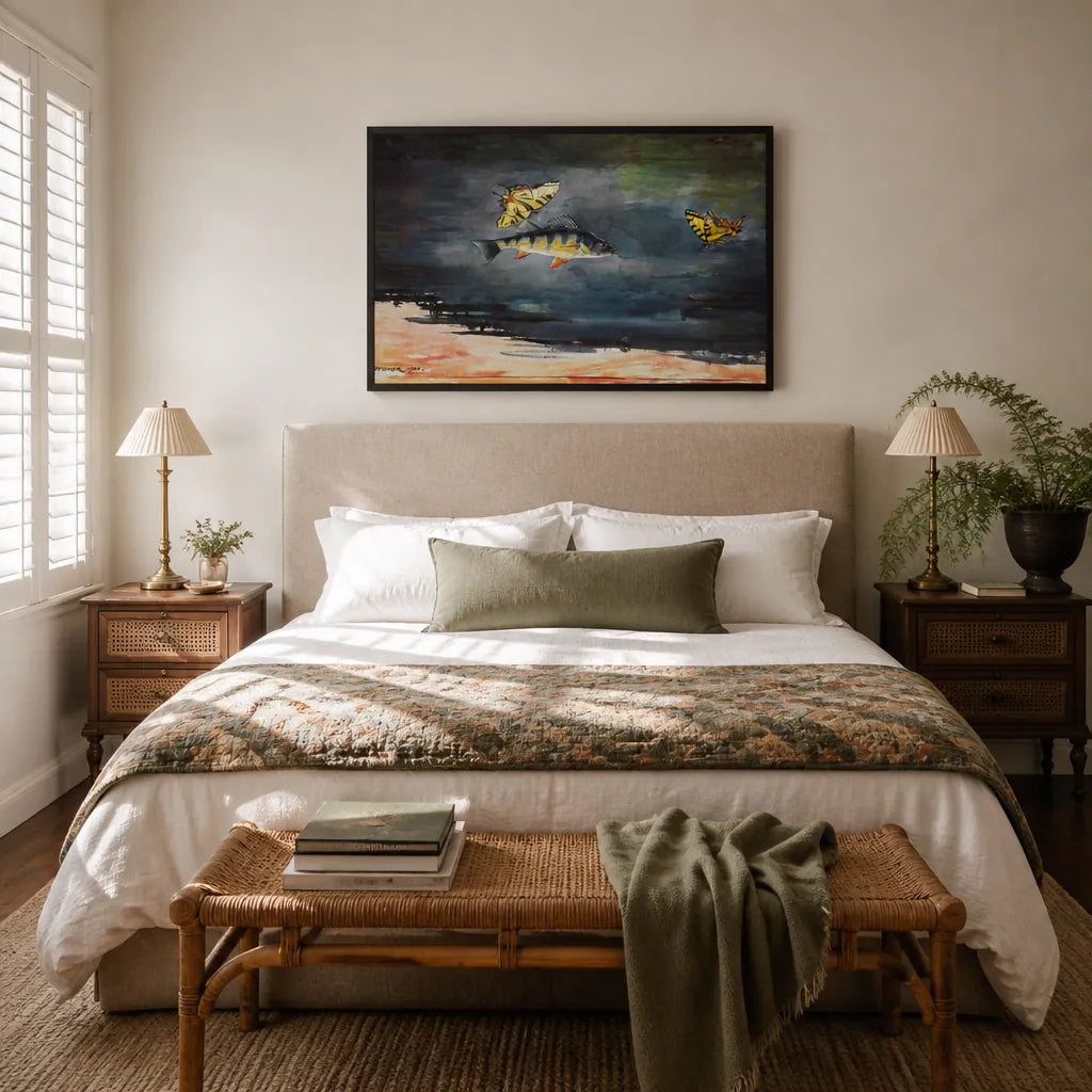 Room mockup featuring Fish and Butterflies by Winslow Homer Art Print