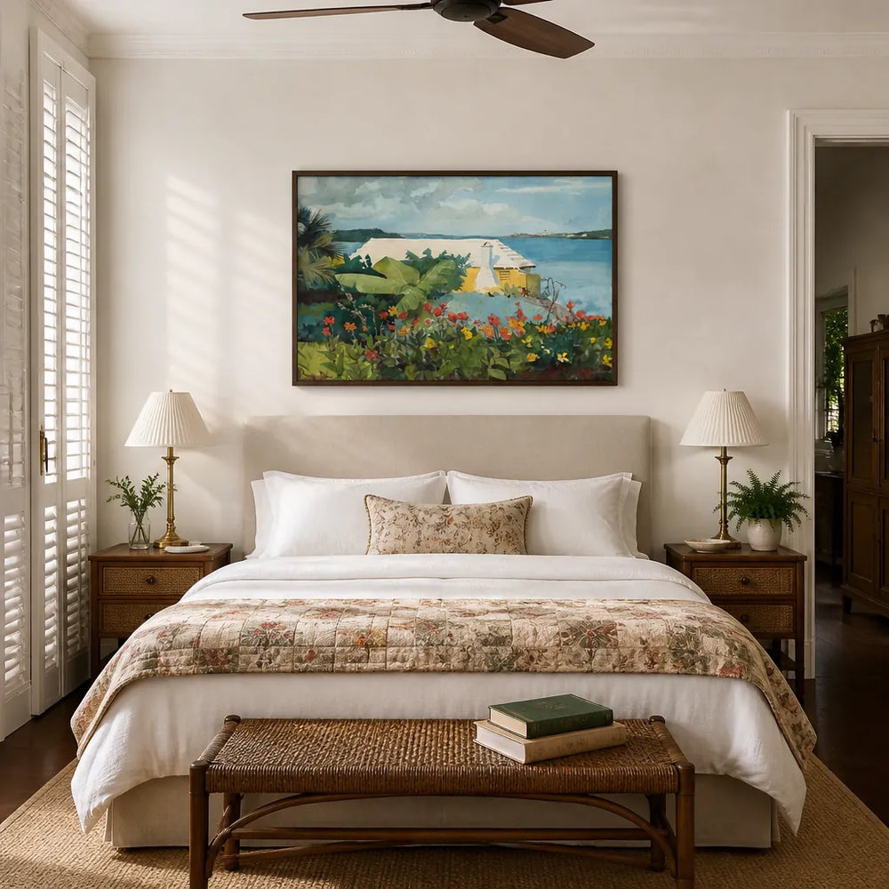 Room mockup featuring Flower Garden and Bungalow, Bermuda by Winslow Homer Art Print