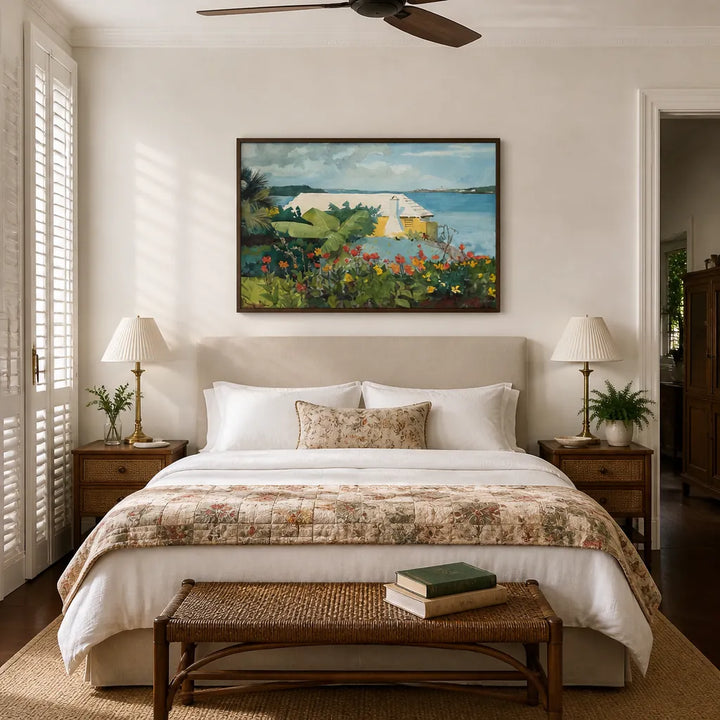 Room mockup featuring Flower Garden and Bungalow, Bermuda by Winslow Homer Art Print