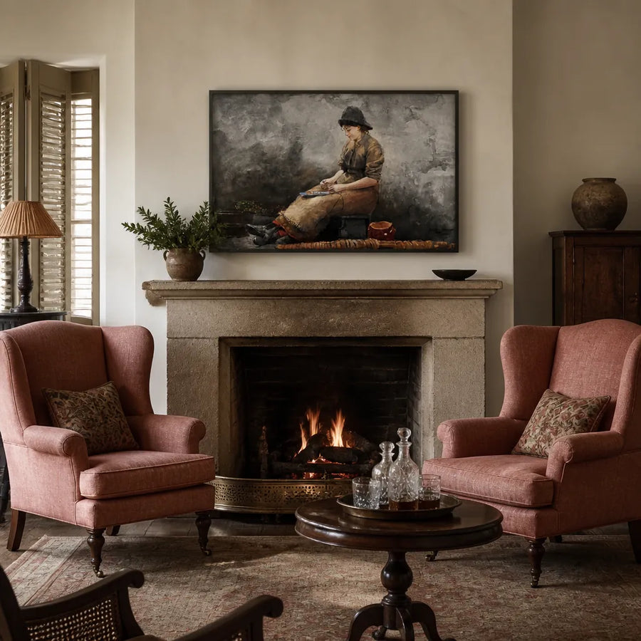 A Fishergirl Baiting Lines by Winslow Homer Art Print in a room setting