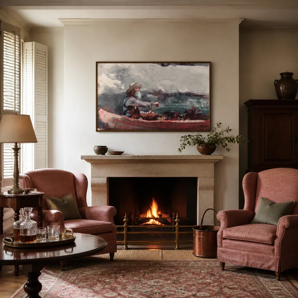Room mockup featuring Adirondacks Guide by Winslow Homer Art Print
