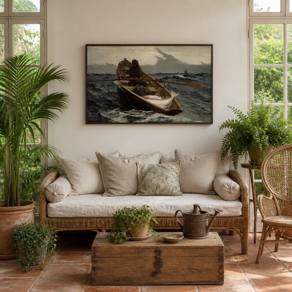 Room mockup featuring The Fog Warning by Winslow Homer Art Print
