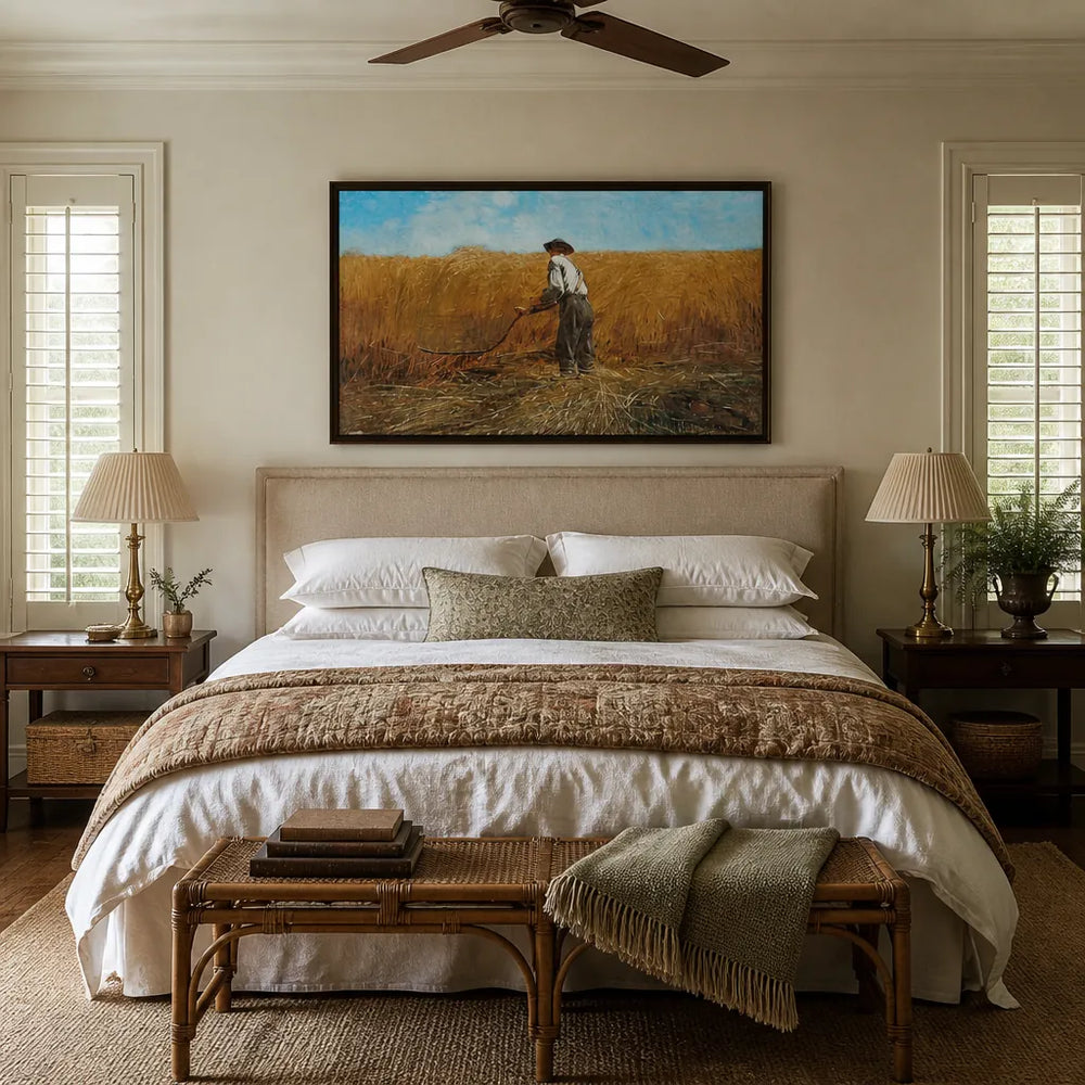 Room mockup featuring The Veteran in a New Field by Winslow Homer Art Print