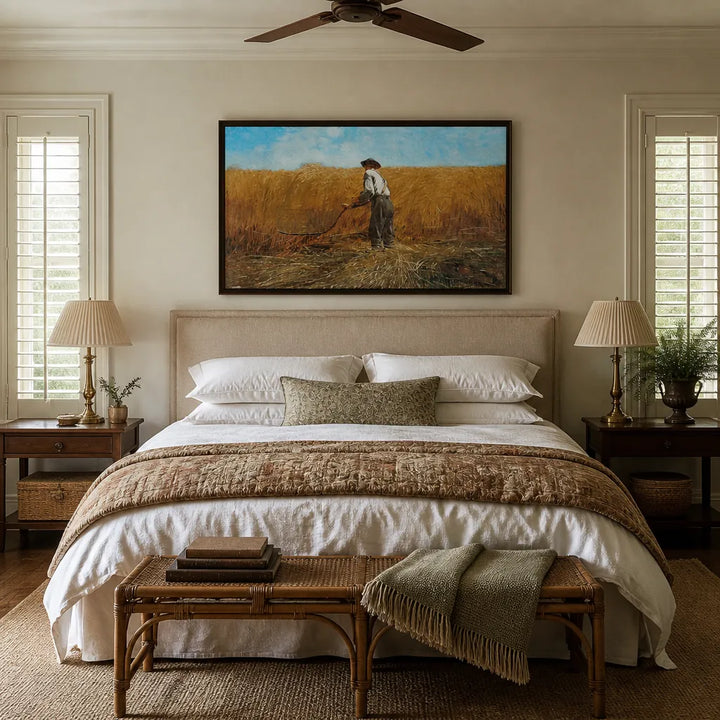 Room mockup featuring The Veteran in a New Field by Winslow Homer Art Print