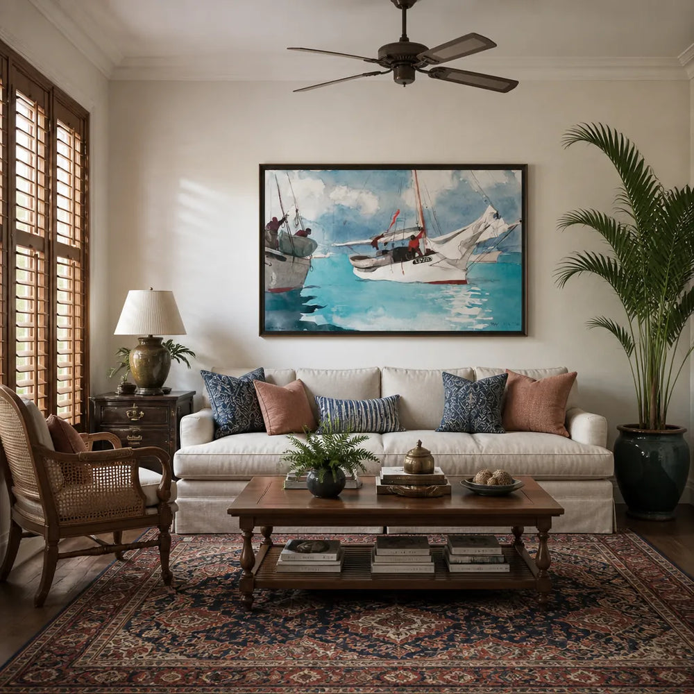 Room mockup featuring Fishing Boats, Key West by Winslow Homer Art Print