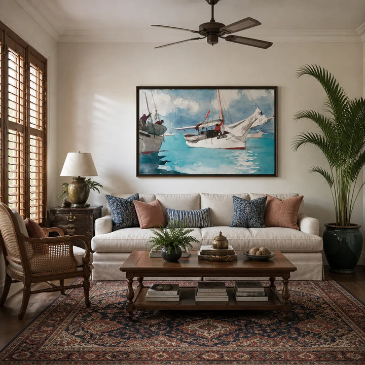 Room mockup featuring Fishing Boats, Key West by Winslow Homer Art Print